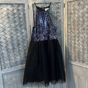 High neck, sequins dress with black skirt, size M